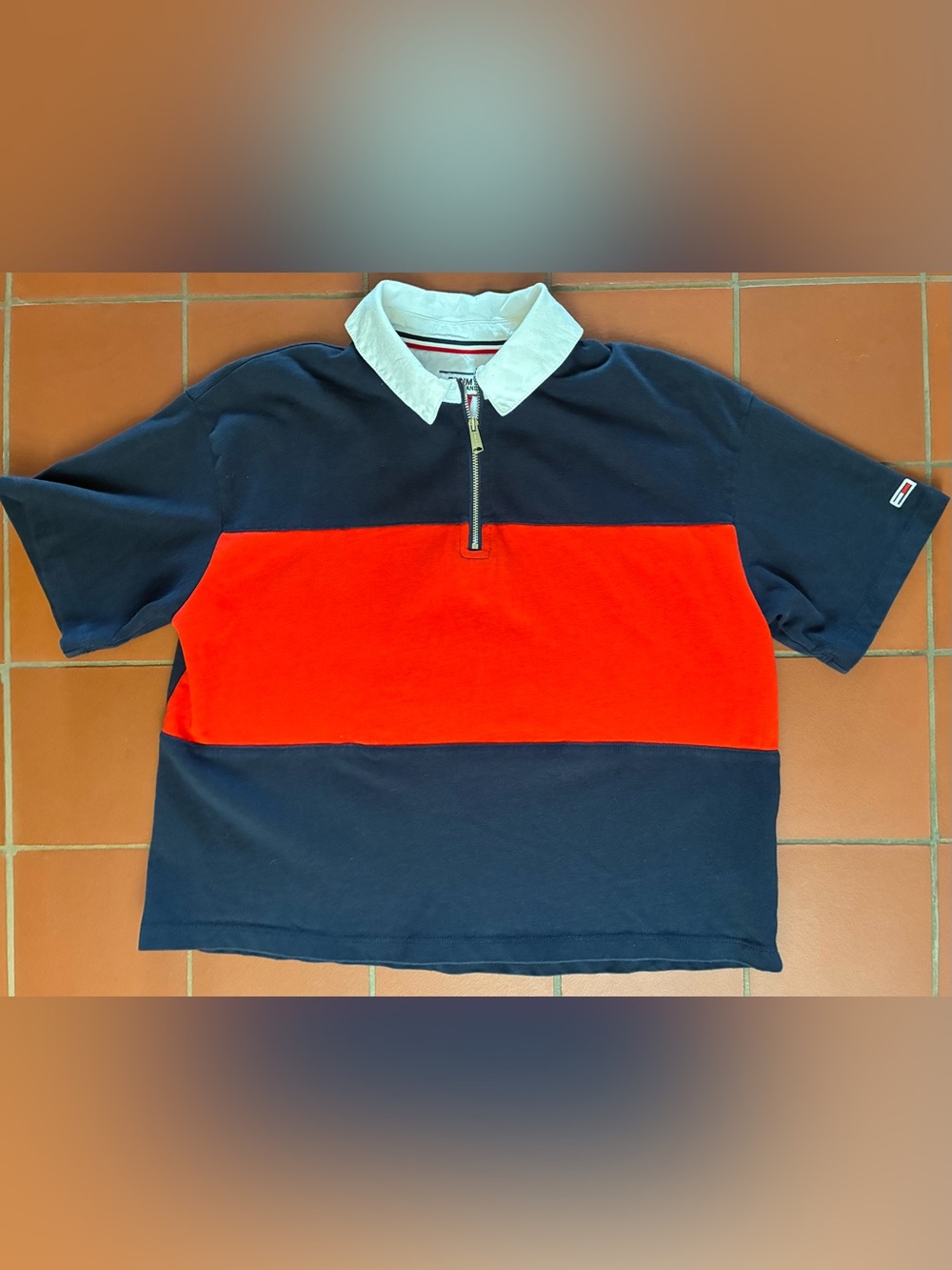 Tommy Hilfiger Navy & Red Half-Zip Rugby Pullover Crop Top Half M